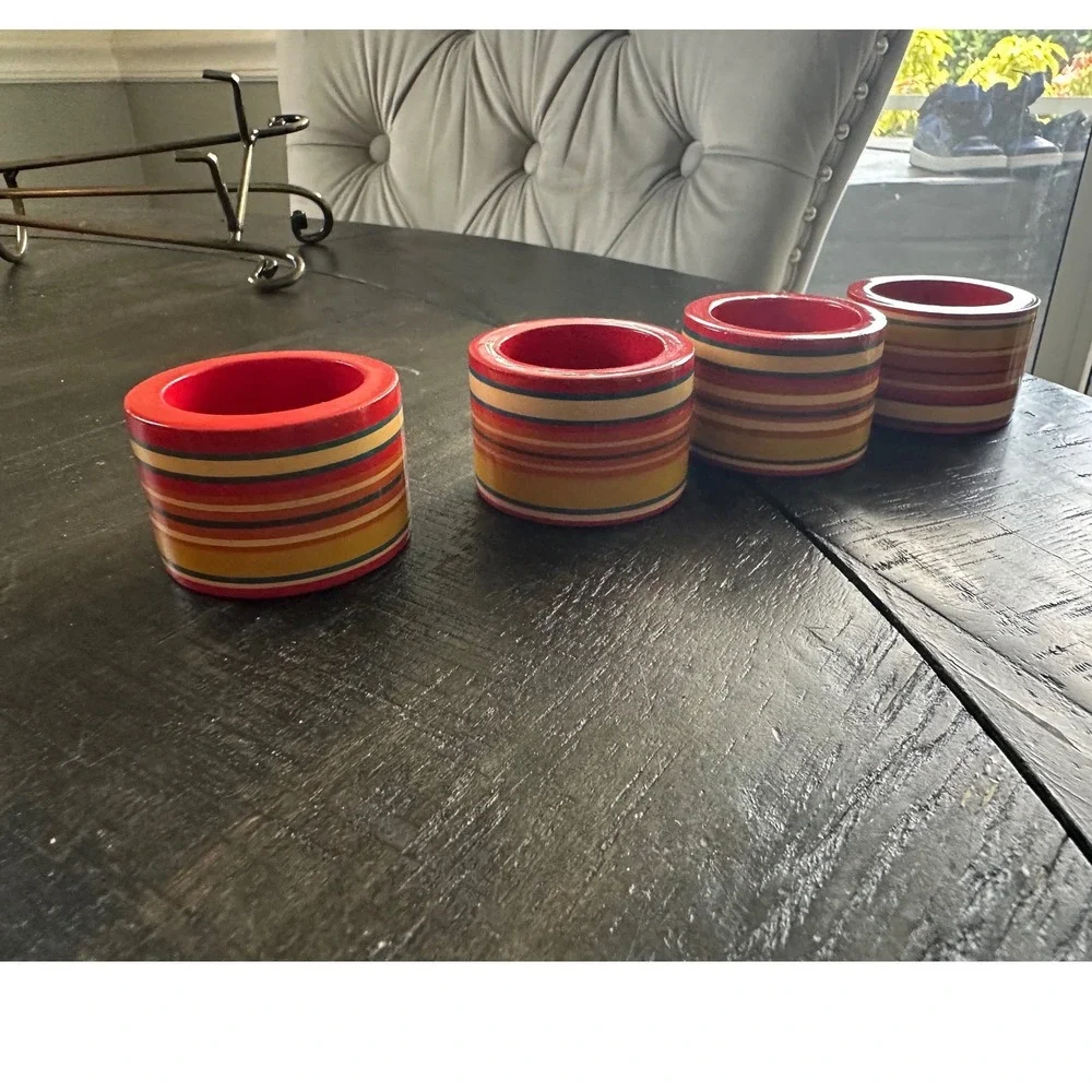 Set of 4 Striped Wooden Napkin Rings Red Orange Yellow Boho Table Decor vintage‎